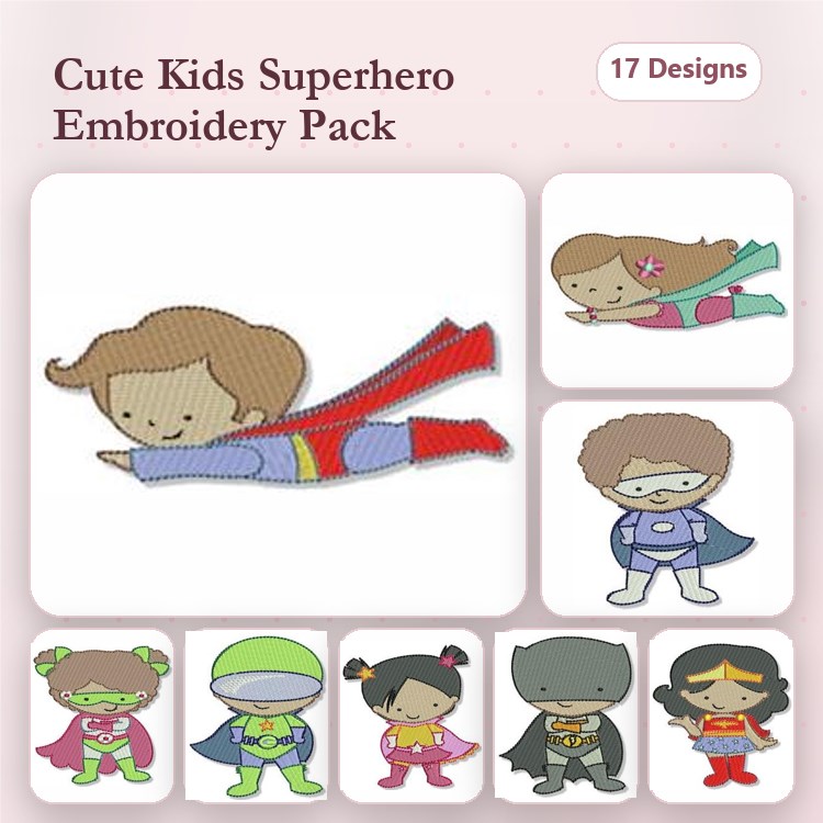 Cute Kids Superheroes Embroidery Designs Bundle – Superhero Boy, Superhero Girl, Green Superhero & More (17 Designs)