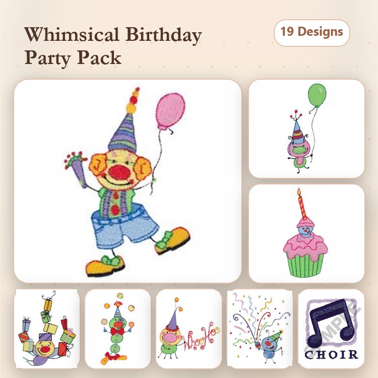 Whimsical Birthday Themes Embroidery Designs Bundle – Clown with Balloons, Cupcake with Candle, Birthday Banner & More (19 Designs)