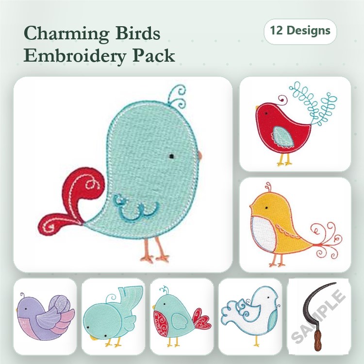 Charming Birds Embroidery Designs Bundle – Blue Bird with Red Tail, Red Bird with Swirls, Yellow Bird & More (12 Designs)