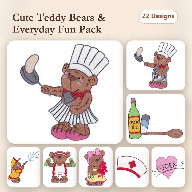 Teddy Bear Fun Embroidery Designs Bundle – Chef Teddy Bear, First Aid Bear, Water Hose & More (22 Designs)