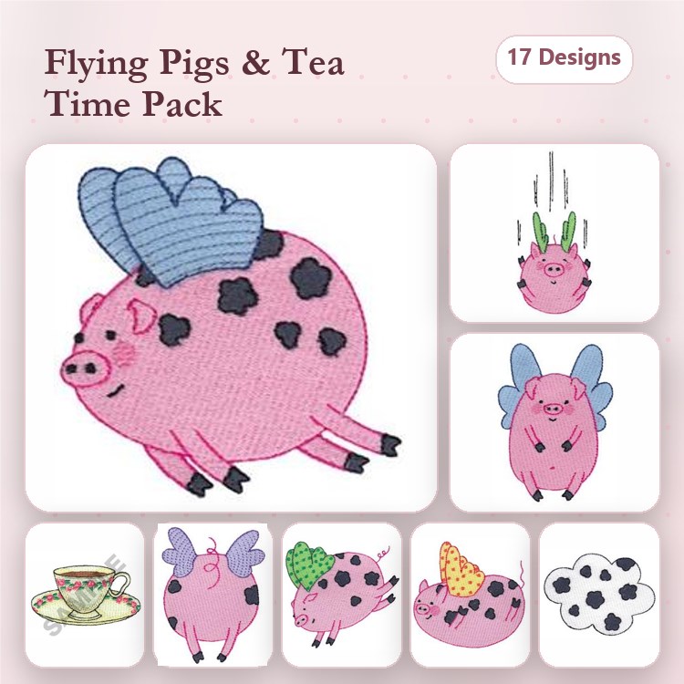 Flying Pigs and Tea Time Embroidery Designs Bundle – Blue Wings, Green Wings, Cone Hat & More (17 Designs)