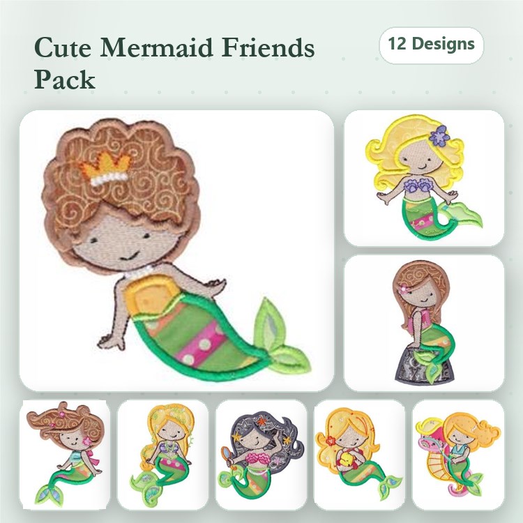 Applique Mermaid Characters Embroidery Bundle – Curly Hair, Yellow Hair, Brown Hair & More (12 Designs)