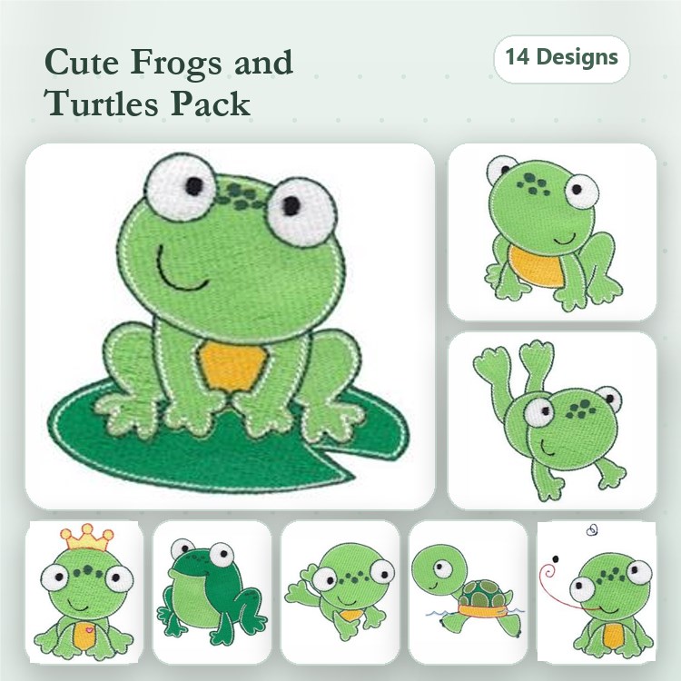 Cute Frog & Turtle Embroidery Designs Bundle – Happy Frog, Frog with Crown, Turtle & More (14 Designs)