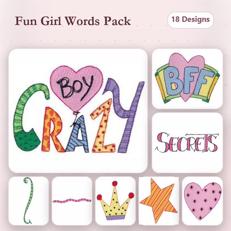 Applique Colorful Word Designs Embroidery Bundle – Crazy, BFF, Secrets & More (18 Designs)