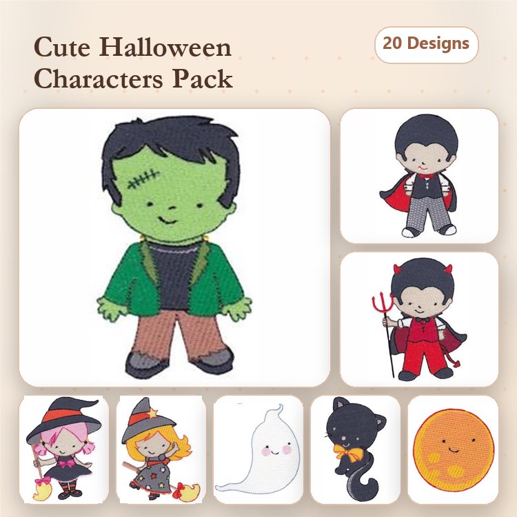 Cute Halloween Characters Embroidery Bundle – Frankenstein Boy, Vampire Boy, Witch with Hat & More (20 Designs)