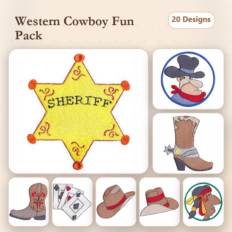Western Cowboy Embroidery Designs Bundle – Sheriff Star, Cowboy Hat, Cowgirl Boot & More (20 Designs)