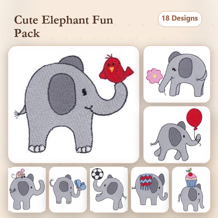 Cute Elephants Embroidery Bundle – Elephant with Bird, Elephant with Flower, Elephant with Balloon & More (18 Designs)