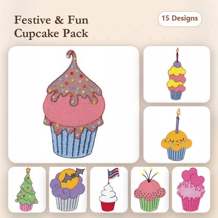 Festive Cupcakes Embroidery Designs Bundle – Cupcake with Sprinkles, Layered Birthday Cupcake, Happy Cupcake & More (15 Designs)