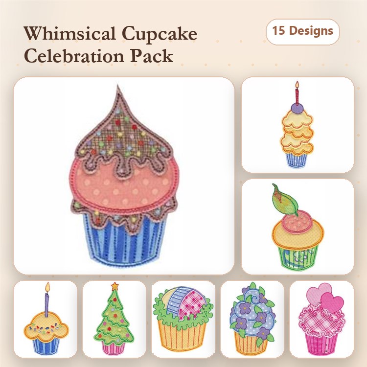 Applique Whimsical Cupcakes Embroidery Designs Bundle – Cupcake with Sprinkles, Ice Cream Cup, Floral Cupcake & More (15 Designs)