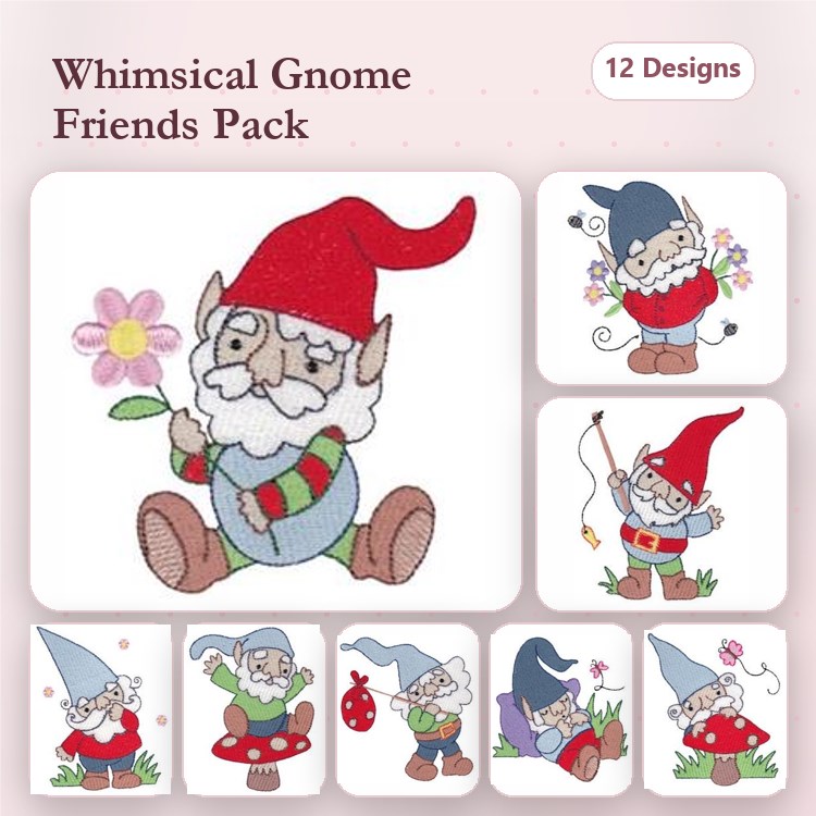 Gnome Characters Embroidery Designs Bundle – Gnome with Flower, Fishing Gnome, Gardening Gnome & More (12 Designs)