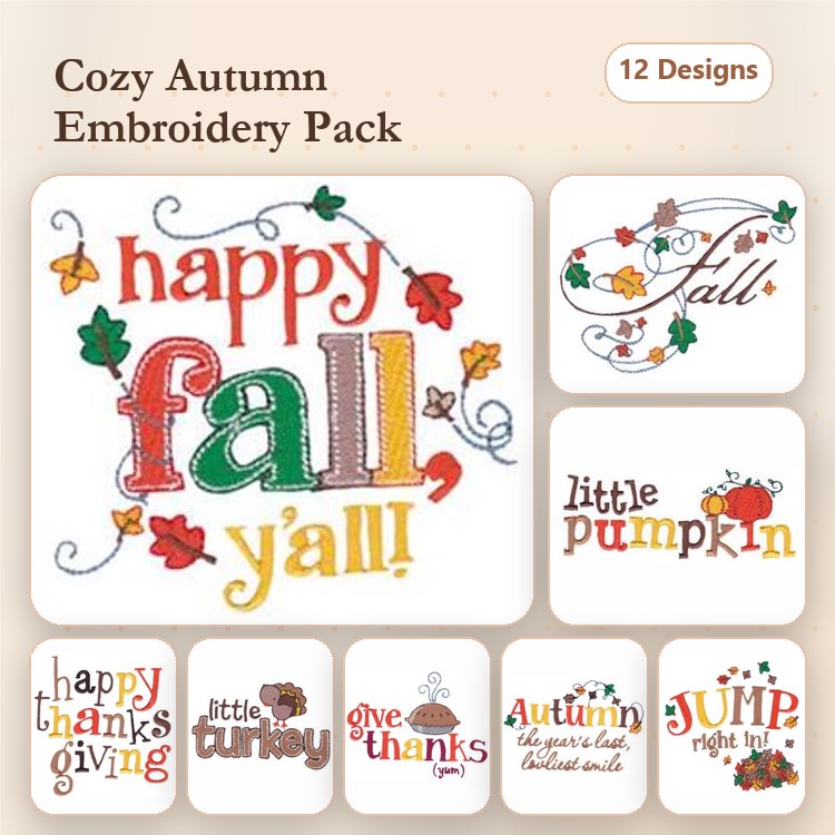 Autumn Themed Embroidery Designs Bundle – Happy Fall, Y'all, Little Pumpkin, Happy Thanksgiving & More (12 Designs)