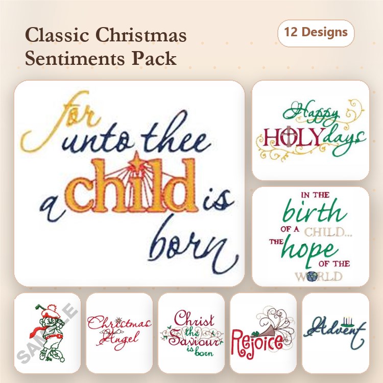 Christmas Sentiments Embroidery Designs Bundle – For Unto Thee A Child Is Born, Happy Holidays, & More (12 Designs)