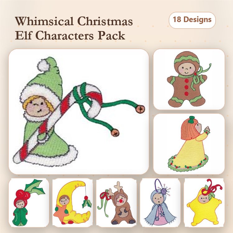 Christmas Elf Characters Embroidery Designs Bundle – Elf with Candy Cane, Gingerbread Boy, Christmas Tree & More (18 Designs)