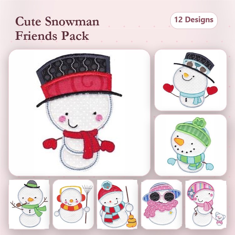 Applique Cute Snowman Characters Embroidery Designs Bundle – Snowman with Red Scarf, Blue Scarf, Sunglasses & More (12 Designs)