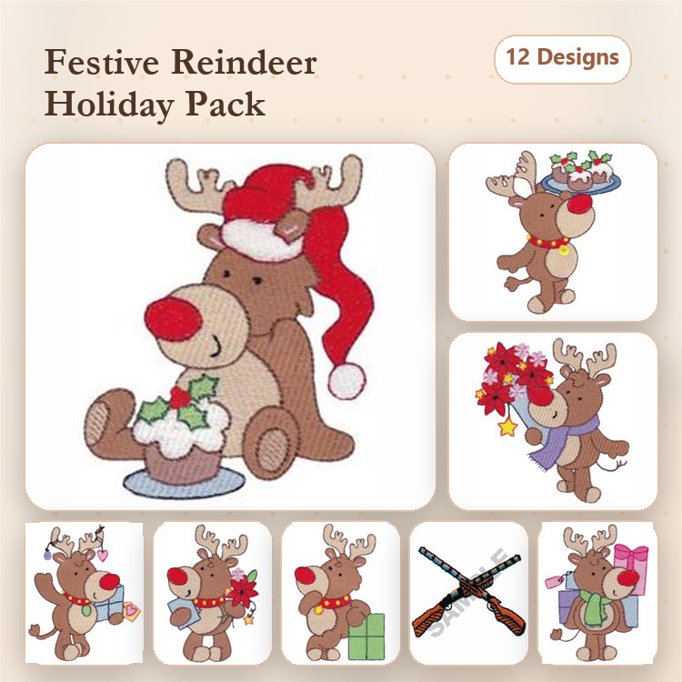 Festive Reindeer Embroidery Designs Bundle – Reindeer with Cupcake, Santa Hat, Christmas Tree & More (12 Designs)