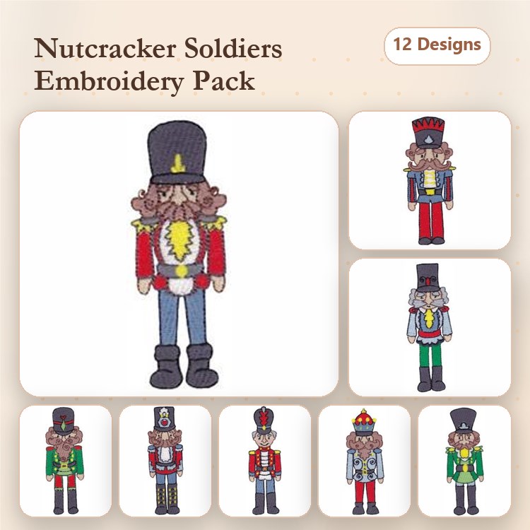 Nutcracker Soldier Embroidery Designs Bundle – Red Coat, Green Coat, Blue Coat, & More (12 Designs)