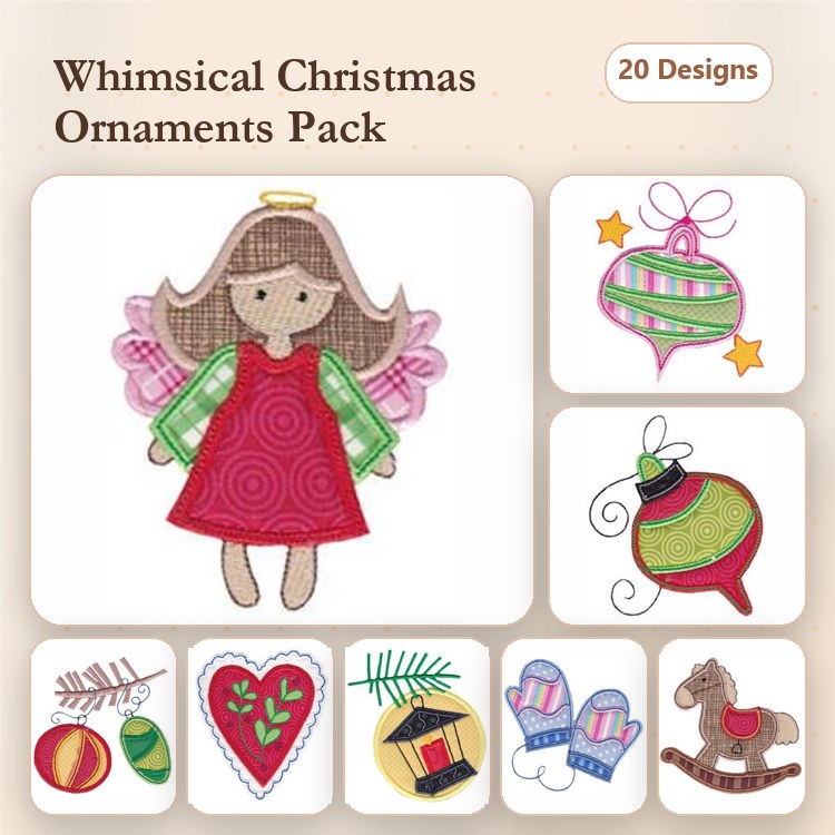 Applique Whimsical Christmas Ornaments Embroidery Bundle – Christmas Angel, Ornament with Stars, Round Ornament & More (20 Designs)