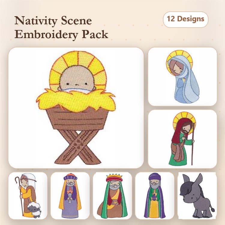 Nativity Scene Embroidery Bundle – Baby Jesus, Mary, Joseph & More (12 Designs)