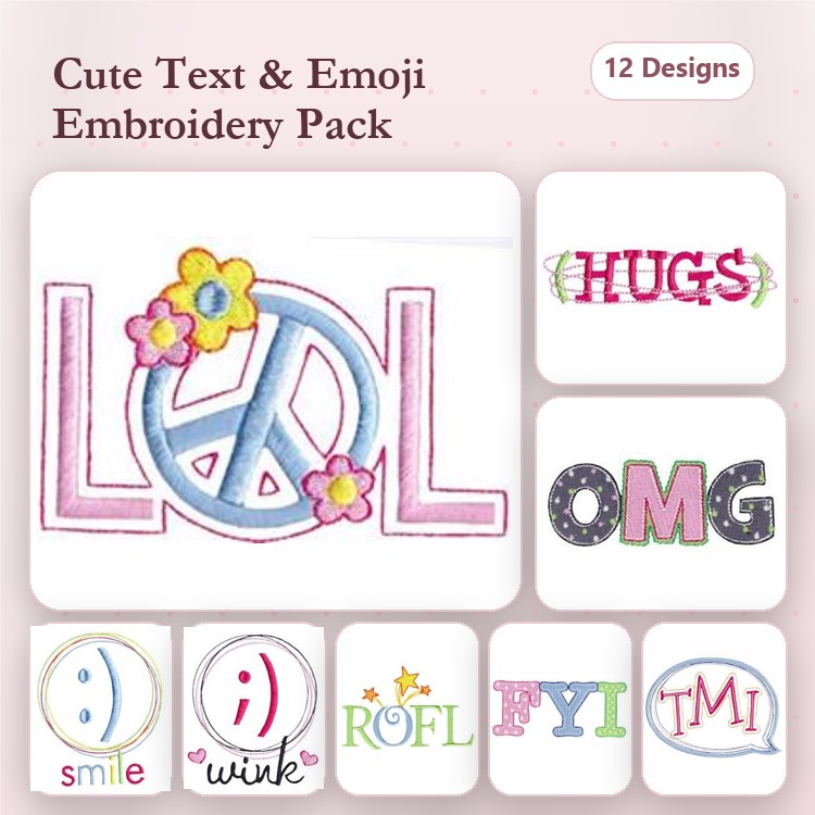 Funny Text & Emoji Embroidery Designs Bundle – LOL with Peace Sign, Hugs, OMG & More (12 Designs)