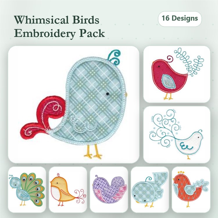 Applique Whimsical Birds Embroidery Designs Bundle – Plush Blue Bird with Red Tail, Fluffy White Bird, Red Bird with Swirls & More (16 Designs)