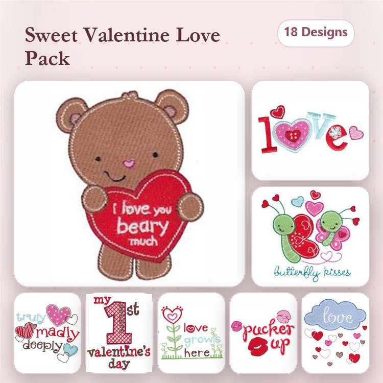 Valentine's Day Embroidery Designs Bundle – Bear with Heart, Snail with Hearts, Love You & More (18 Designs)