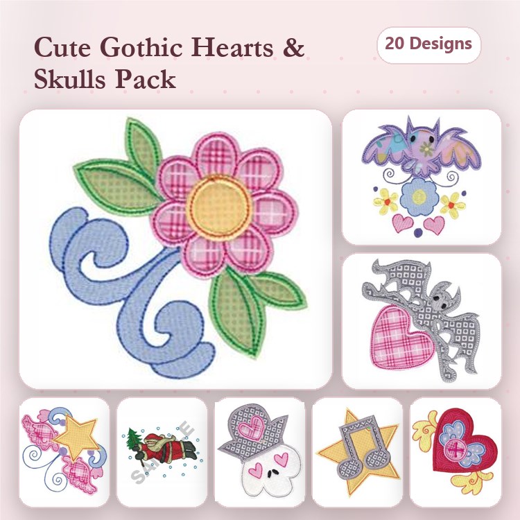Applique Gothic Hearts and Skulls Embroidery Designs Bundle – Flower, Bat, Elephant & More (20 Designs)