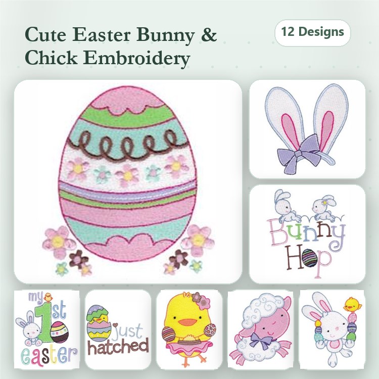 Easter Bunny & Chick Embroidery Designs Bundle – Easter Egg, Bunny Ears, Just Hatched & More (12 Designs)
