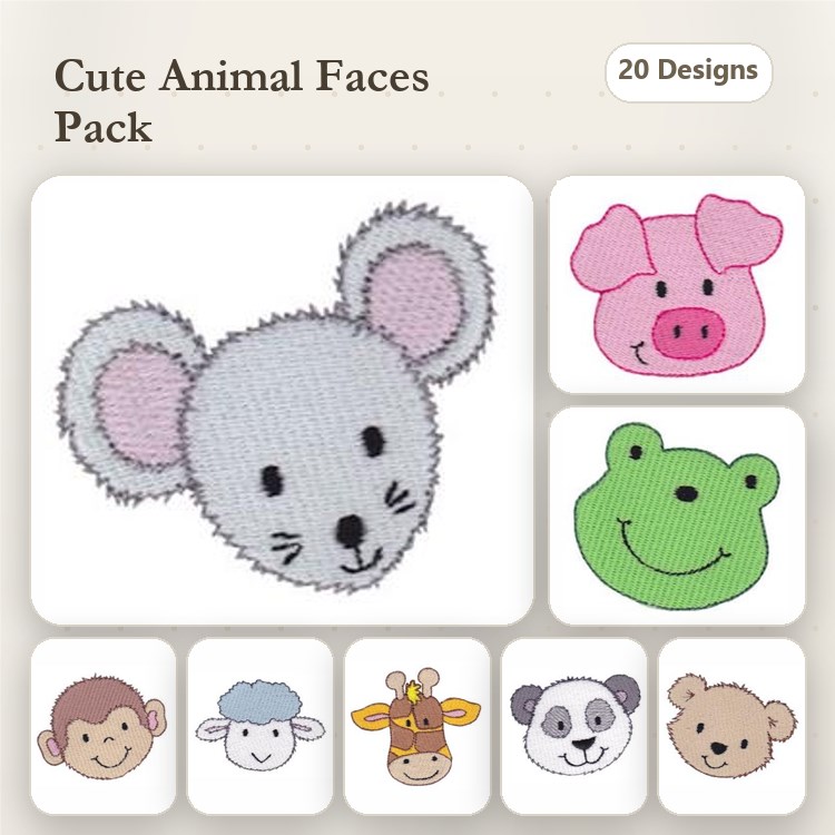 Animal Face Embroidery Bundle – Cute Characters (20 Designs)