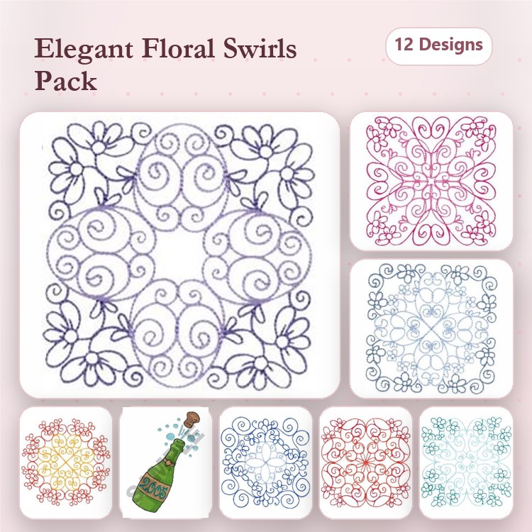 Redwork Floral Swirl Embroidery Designs Bundle – Elegant Floral Frame, Chic Swirly Flowers & More (12 Designs)