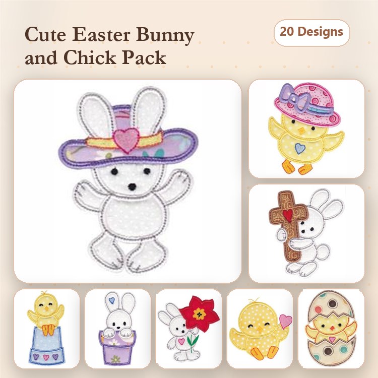 Applique Easter Bunny & Chick Embroidery Bundle – Bunny with Flower, Chick in Cup, & More (20 Designs)