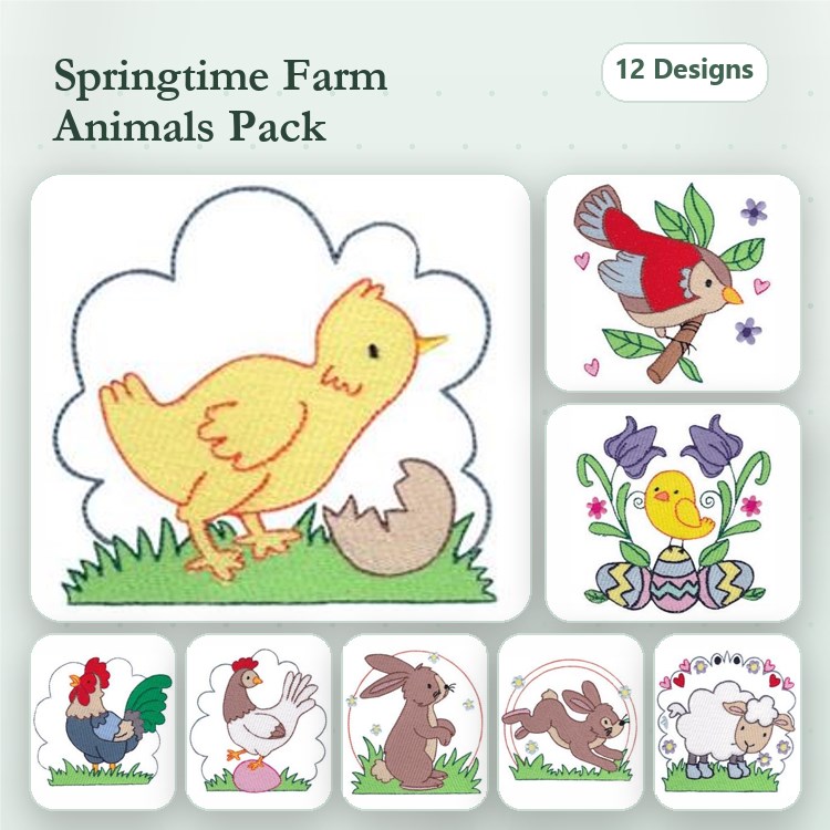 Farm Animal Embroidery Bundle – Chick, Rooster, Sheep & More (12 Designs)
