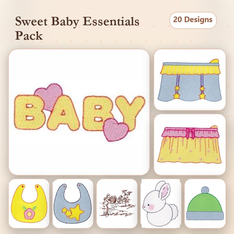 Baby-Themed Essentials Embroidery Designs Bundle – Baby Letters with Hearts, Baby Bib with Star, Bunny Design & More (20 Designs)