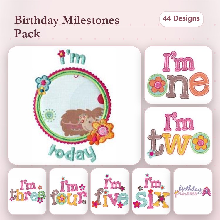 Applique Birthday Milestone Embroidery Designs Bundle – I'm One, I'm Two, I'm Three & More (44 Designs)