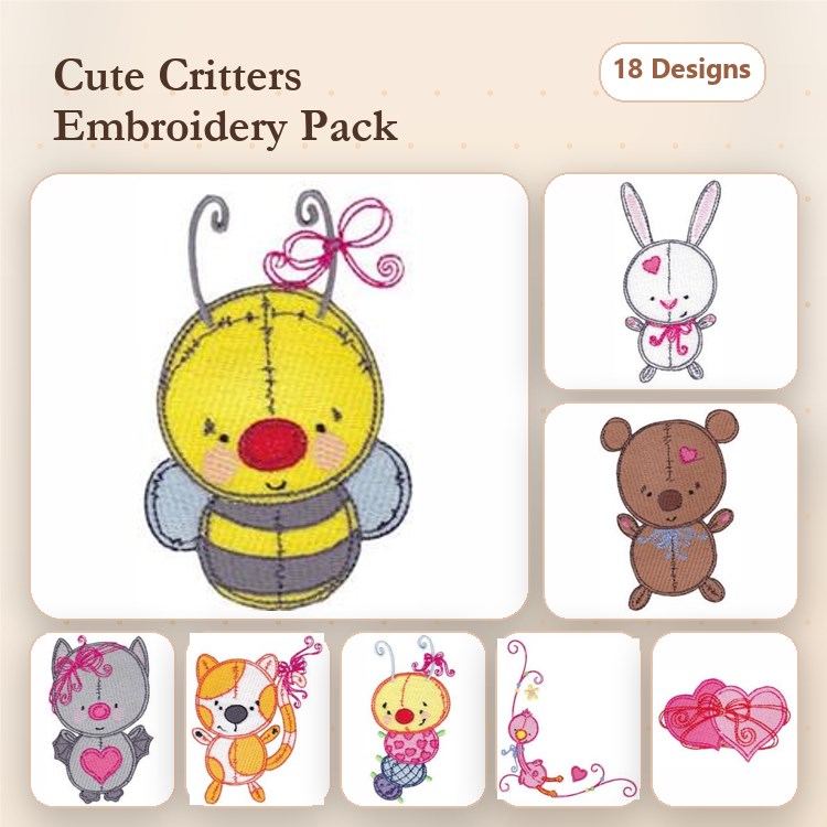 Cute Animal Characters Embroidery Designs Bundle – Bee, Bunny, Teddy Bear, Gray Cat & More (18 Designs)