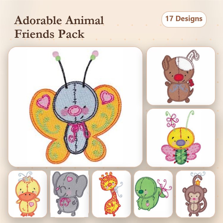 Cute Animal Embroidery Bundle – Butterfly, Dog & More (17 Designs)