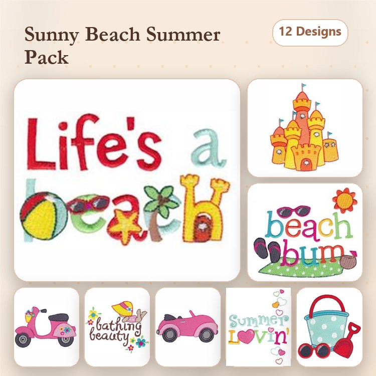 Summer Beach Embroidery Designs Bundle – Life's a Beach, Sandcastle, Beach Bum & More (12 Designs)