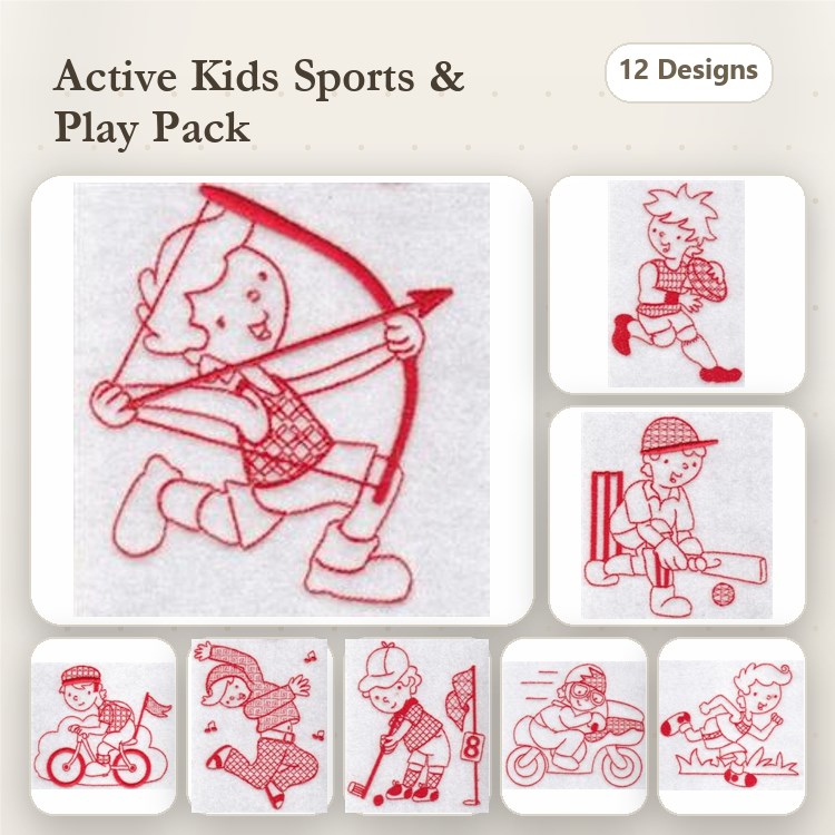 Redwork Kids Sports Embroidery Designs Bundle – Boy with Bow and Arrow, Girl Playing Golf, Boy on Bicycle & More (12 Designs)