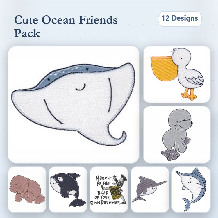 Ocean Creatures Embroidery Designs Bundle – Manta Ray, Dolphin, Whale, Seal & More (12 Designs)