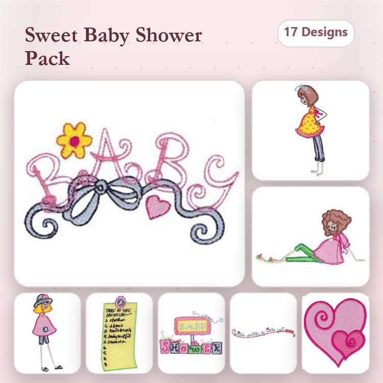 Baby Shower Themed Embroidery Designs Bundle – Baby with Bow, Mommy to Be, Heart Balloon & More (17 Designs)