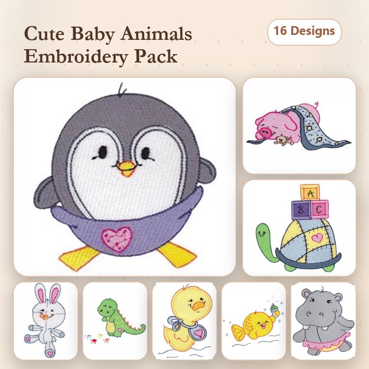 Cute Baby Animals Embroidery Designs Bundle – Penguin in a Dress, Pig with Blanket, Bunny & More (16 Designs)