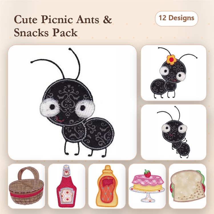 Applique Cute Picnic Ants Embroidery Bundle – Ant with Flower, Picnic Basket, Ketchup Bottle & More (12 Designs)