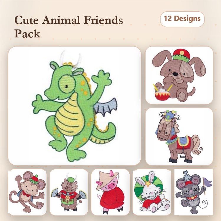 Animal Embroidery Bundle – Fun Characters (12 Designs)
