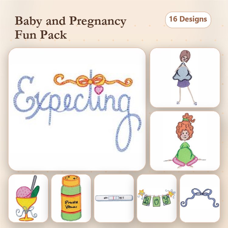 Baby and Pregnancy Embroidery Designs Bundle – Expecting Text, Pregnant Woman, Mother with Child & More (16 Designs)