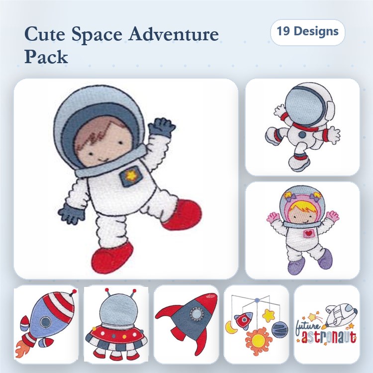 Space Adventure Embroidery Designs Bundle – Child Astronauts, Rocket Ship, Space Shuttle & More (19 Designs)