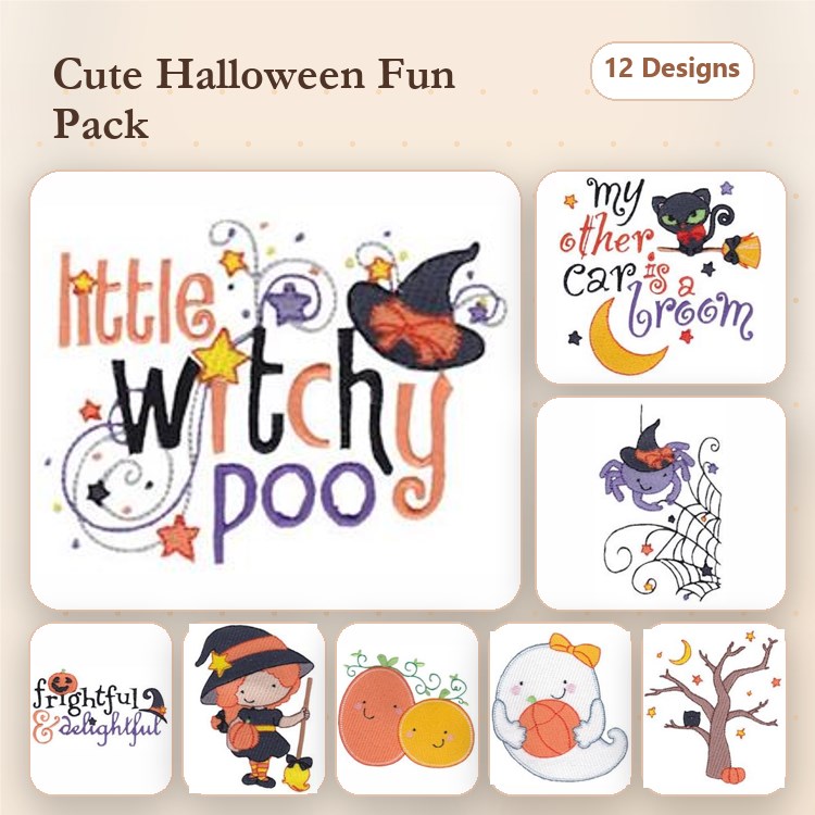 Cute Halloween Characters Embroidery Designs Bundle – Little Witchy Poo, Frisky Ghost, Halloween Pumpkin & More (12 Designs)