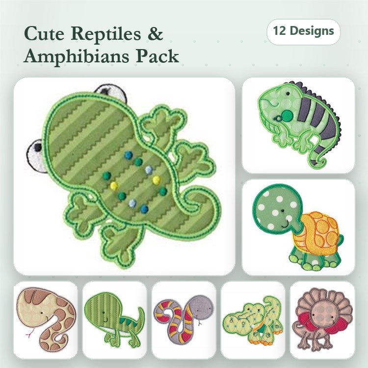 Applique Cute Reptiles and Amphibians Embroidery Bundle – Lizard with Beads, Chameleon, Turtle with Spots & More (12 Designs)