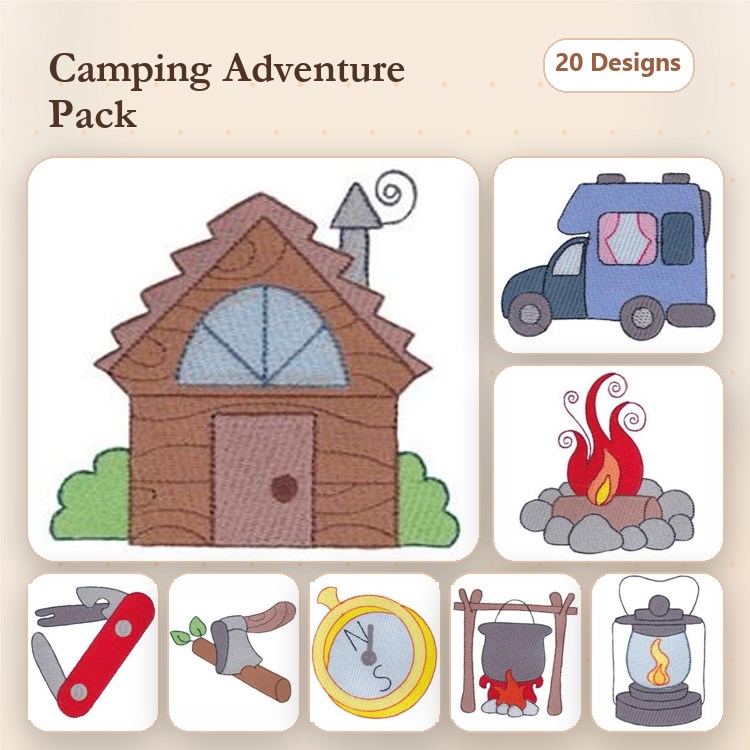 Camping Adventure Embroidery Designs Bundle – Log Cabin, Camping Van, Campfire & More (20 Designs)