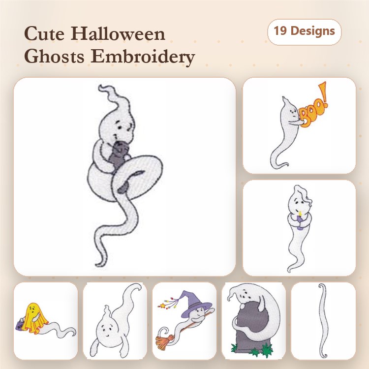 Cute Halloween Ghosts Embroidery Designs Bundle – Ghost Holding Pumpkin, Ghost with Candy, Ghost Saying Boo & More (19 Designs)