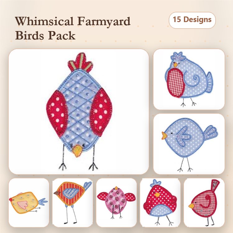 Applique Whimsical Birds Embroidery Bundle – Red Polka Dot Bird, Blue Check Bird, Yellow Bird & More (15 Designs)