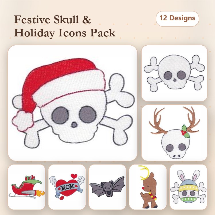 Festive Skull & Holiday Icons Embroidery Designs Bundle – Skull with Santa Hat, Sleigh with Gifts, Reindeer & More (12 Designs)